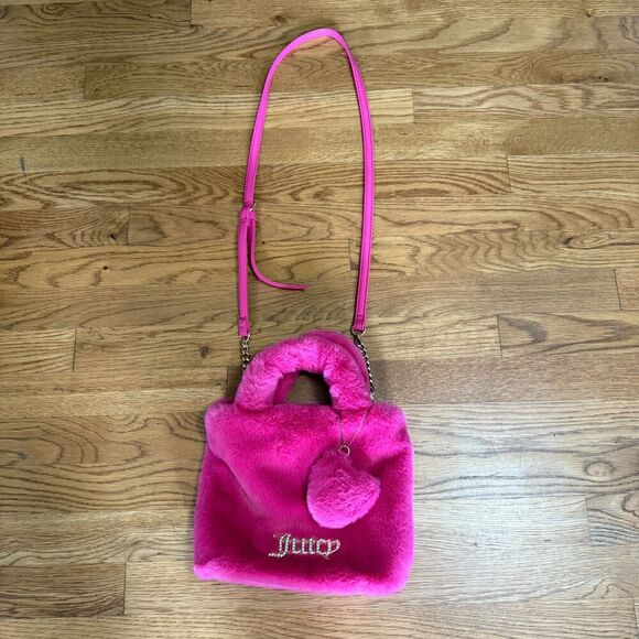 JUICY COUTURE FREE LOVE FLUFFY MINI TOTE CROSSBODY BAG W HEART CHARM PINK - Picture 2 of 3
